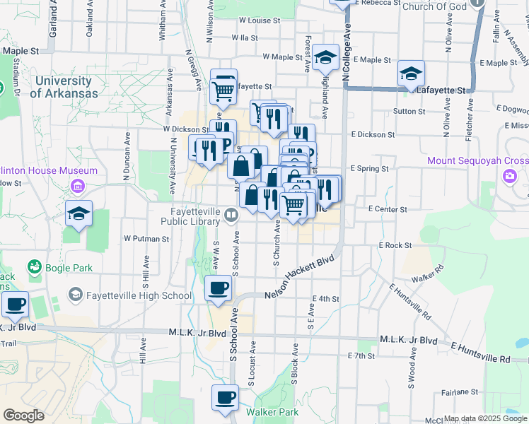map of restaurants, bars, coffee shops, grocery stores, and more near 207 West Center Street in Fayetteville