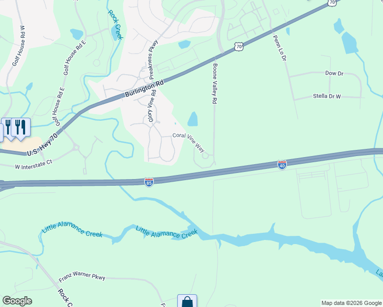 map of restaurants, bars, coffee shops, grocery stores, and more near 1262 Glory Vine Road in Whitsett