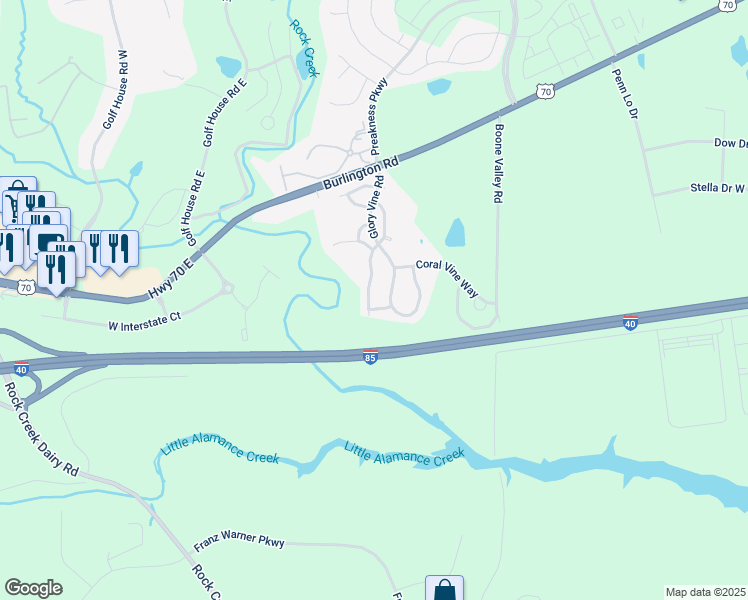 map of restaurants, bars, coffee shops, grocery stores, and more near 1149 Oak Blossom Way in Whitsett