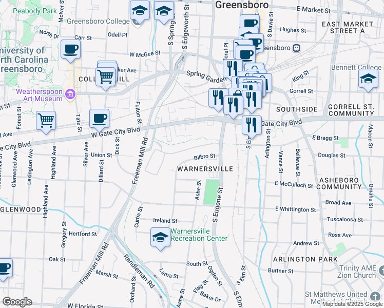 map of restaurants, bars, coffee shops, grocery stores, and more near 100 Grovecrest Way in Greensboro