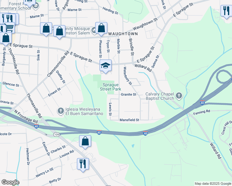map of restaurants, bars, coffee shops, grocery stores, and more near 2440 Marble Street in Winston-Salem