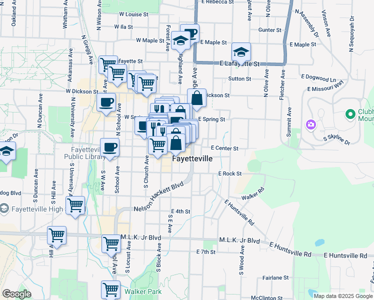 map of restaurants, bars, coffee shops, grocery stores, and more near 31 East Center Street in Fayetteville