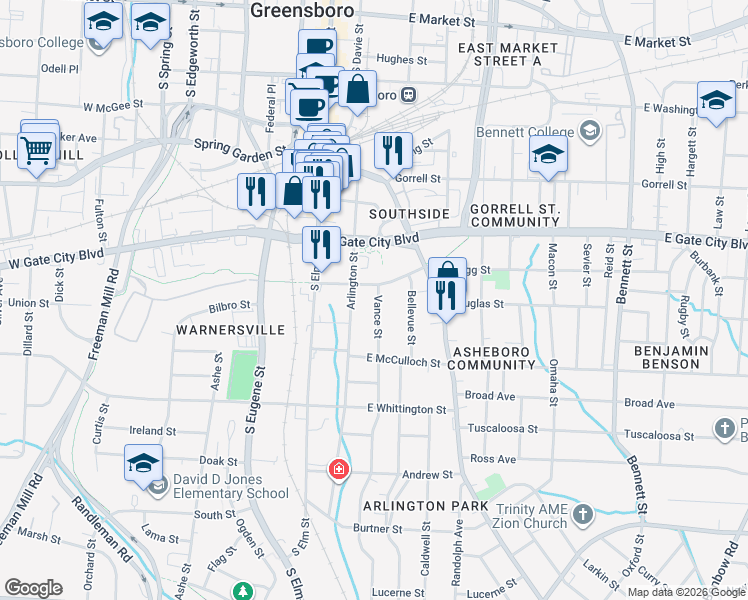map of restaurants, bars, coffee shops, grocery stores, and more near 300 East Bragg Street in Greensboro