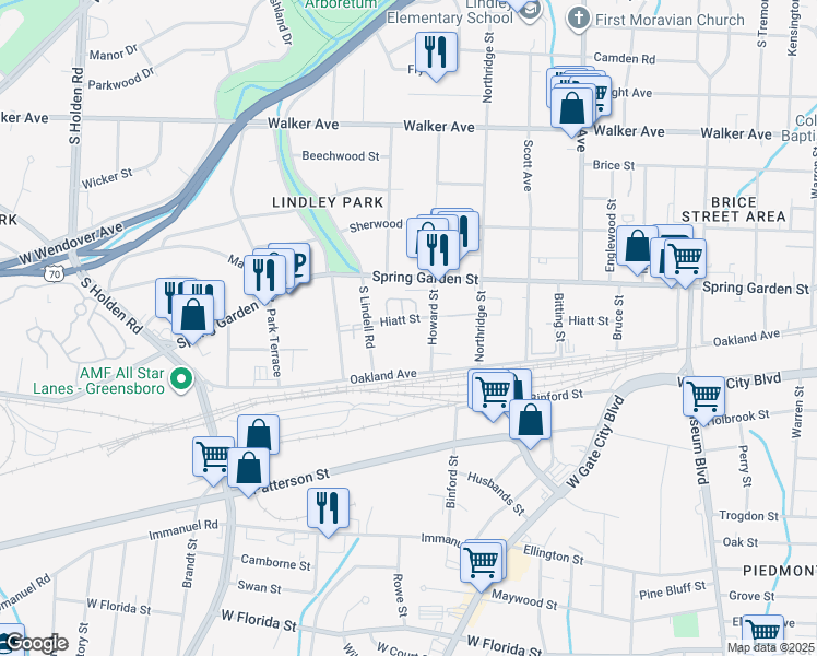 map of restaurants, bars, coffee shops, grocery stores, and more near 2510 Hiatt Street in Greensboro