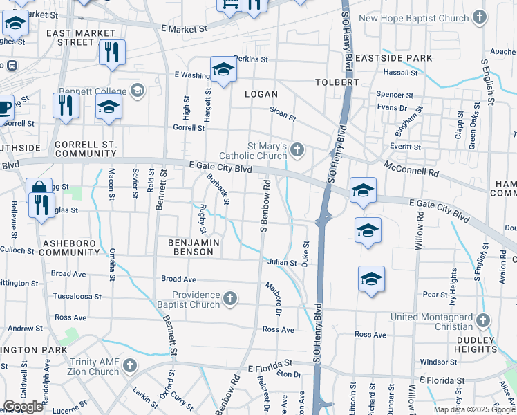 map of restaurants, bars, coffee shops, grocery stores, and more near 1008 South Benbow Road in Greensboro