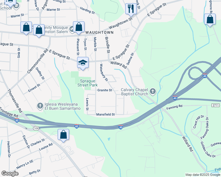map of restaurants, bars, coffee shops, grocery stores, and more near 2442 Waterbury Street in Winston-Salem