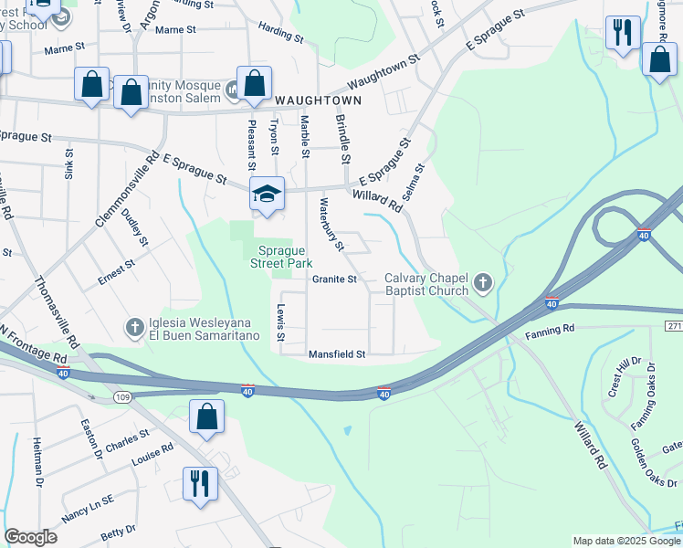 map of restaurants, bars, coffee shops, grocery stores, and more near 1637 Granite Street in Winston-Salem