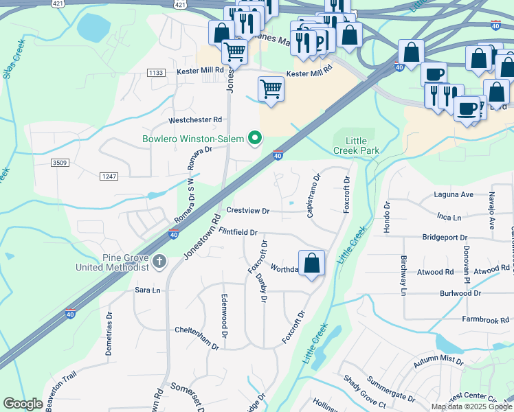 map of restaurants, bars, coffee shops, grocery stores, and more near 4615 Crestview Drive in Winston-Salem