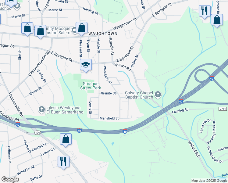 map of restaurants, bars, coffee shops, grocery stores, and more near 2442 Waterbury Street in Winston-Salem