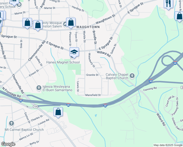 map of restaurants, bars, coffee shops, grocery stores, and more near 1617 Granite Street in Winston-Salem