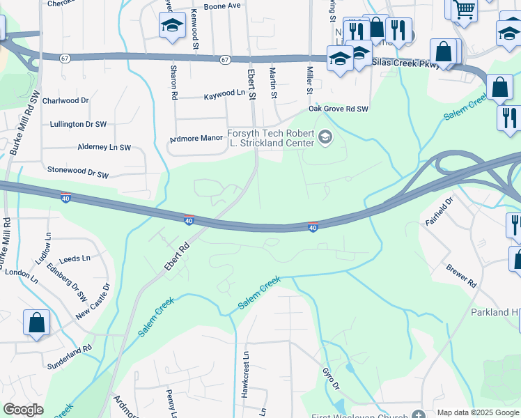 map of restaurants, bars, coffee shops, grocery stores, and more near 3801 Ebert Street in Winston-Salem