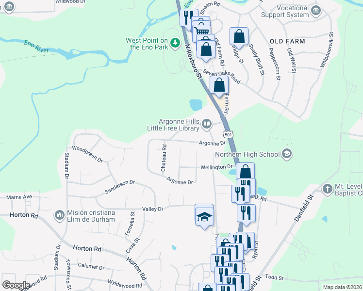 map of restaurants, bars, coffee shops, grocery stores, and more near 140 Argonne Drive in Durham
