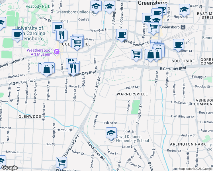 map of restaurants, bars, coffee shops, grocery stores, and more near 107 Grovecrest Way in Greensboro