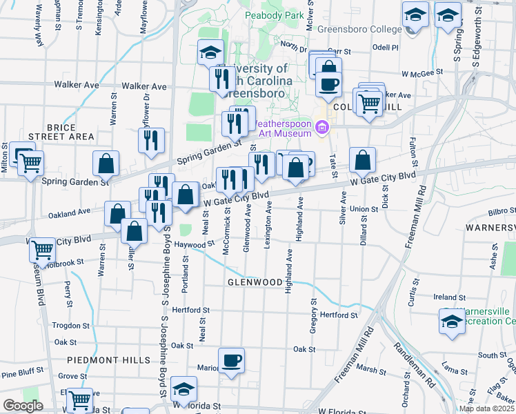 map of restaurants, bars, coffee shops, grocery stores, and more near in Greensboro