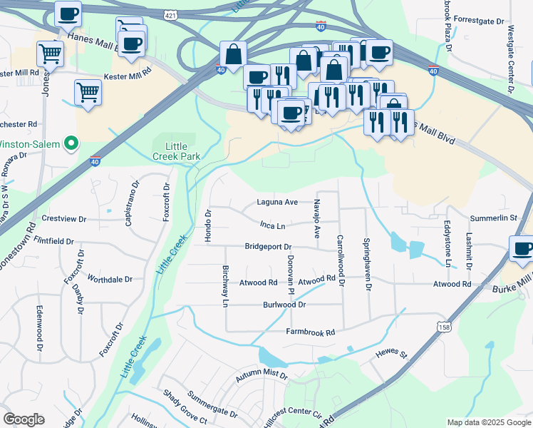 map of restaurants, bars, coffee shops, grocery stores, and more near 2892 Yuma Court in Winston-Salem
