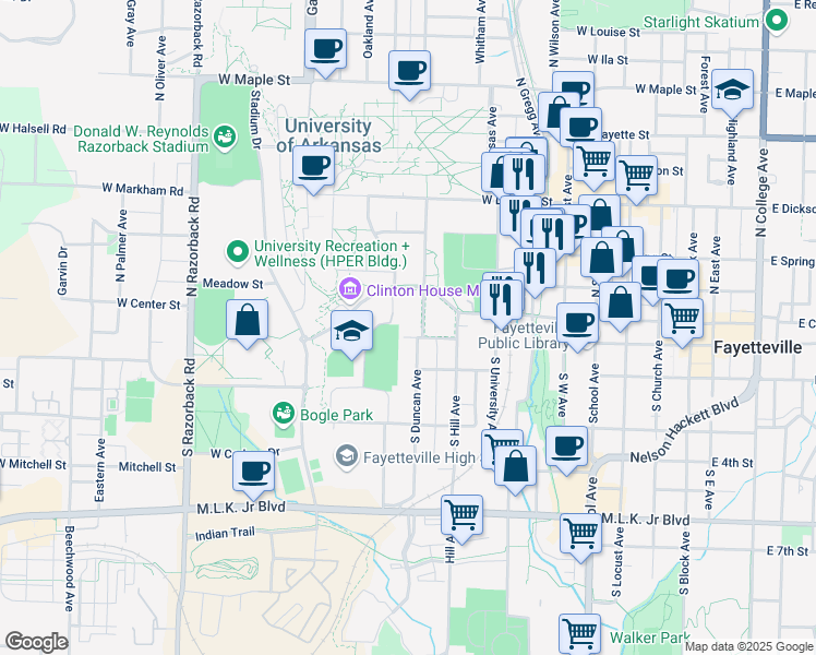 map of restaurants, bars, coffee shops, grocery stores, and more near 25 South Duncan Avenue in Fayetteville