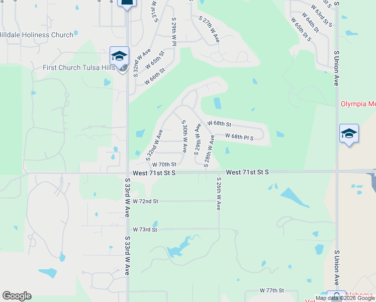 map of restaurants, bars, coffee shops, grocery stores, and more near 6902 South 29th West Avenue in Tulsa