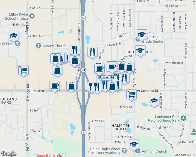 map of restaurants, bars, coffee shops, grocery stores, and more near 10711 East 71st Street in Tulsa