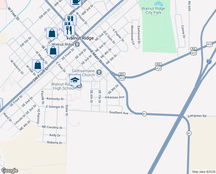 map of restaurants, bars, coffee shops, grocery stores, and more near 701 Southeast 7th Street in Walnut Ridge