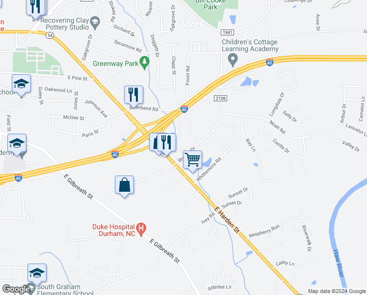 map of restaurants, bars, coffee shops, grocery stores, and more near 1010 Watercourse Circle in Graham