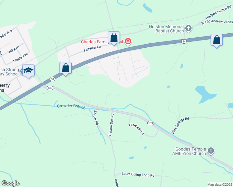 map of restaurants, bars, coffee shops, grocery stores, and more near 2952 Bluegrass Lane in Strawberry Plains