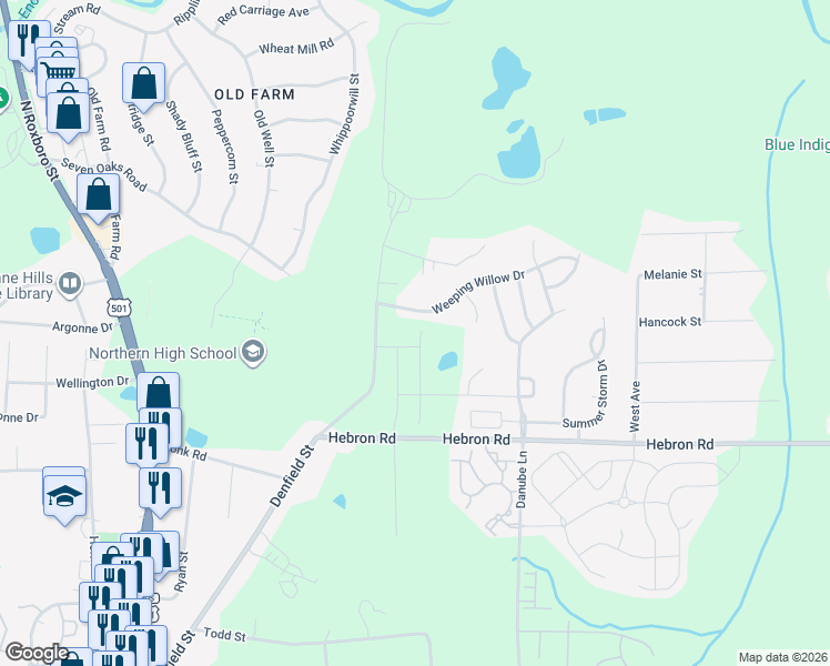 map of restaurants, bars, coffee shops, grocery stores, and more near 320 Weeping Willow Drive in Durham