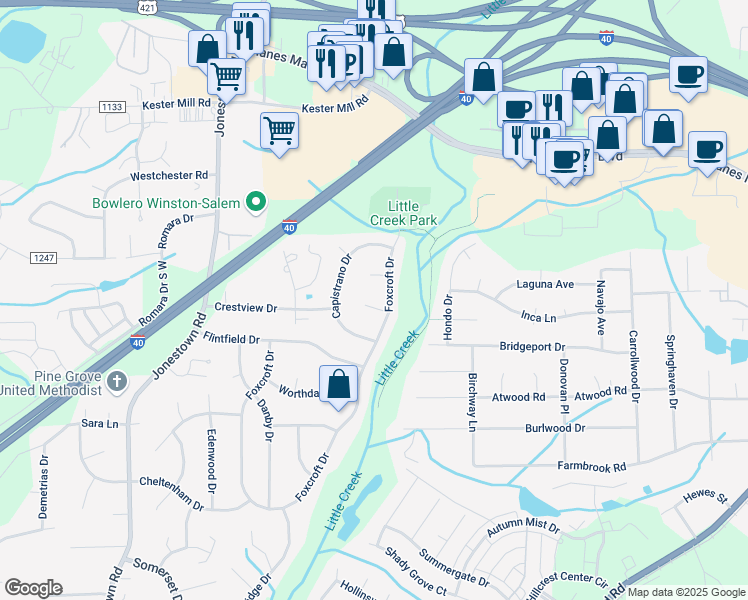 map of restaurants, bars, coffee shops, grocery stores, and more near 110 Lillian Court in Winston-Salem