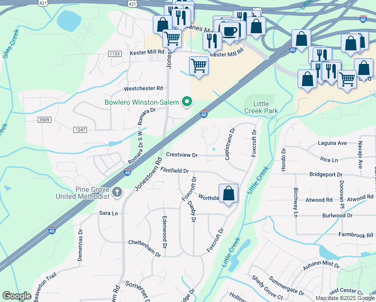 map of restaurants, bars, coffee shops, grocery stores, and more near 4615 Crestview Drive in Winston-Salem