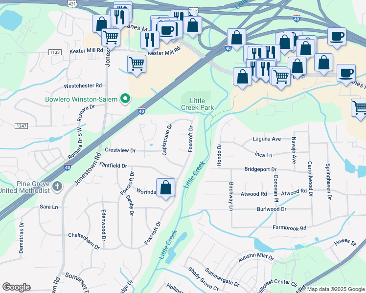 map of restaurants, bars, coffee shops, grocery stores, and more near 107 Lorelei Ct in Winston-Salem
