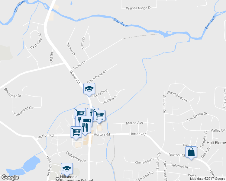 map of restaurants, bars, coffee shops, grocery stores, and more near 15 Bogie Court in Durham