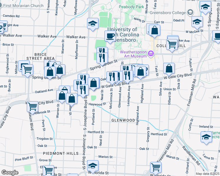 map of restaurants, bars, coffee shops, grocery stores, and more near 1301 West Gate City Boulevard in Greensboro