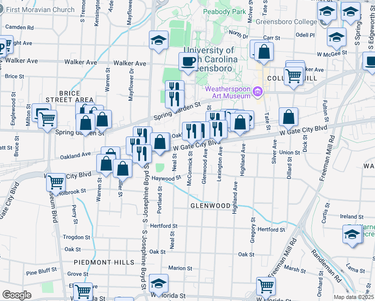 map of restaurants, bars, coffee shops, grocery stores, and more near 1301 West Gate City Boulevard in Greensboro