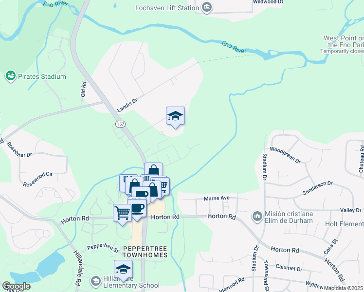 map of restaurants, bars, coffee shops, grocery stores, and more near 15 Bogie Court in Durham