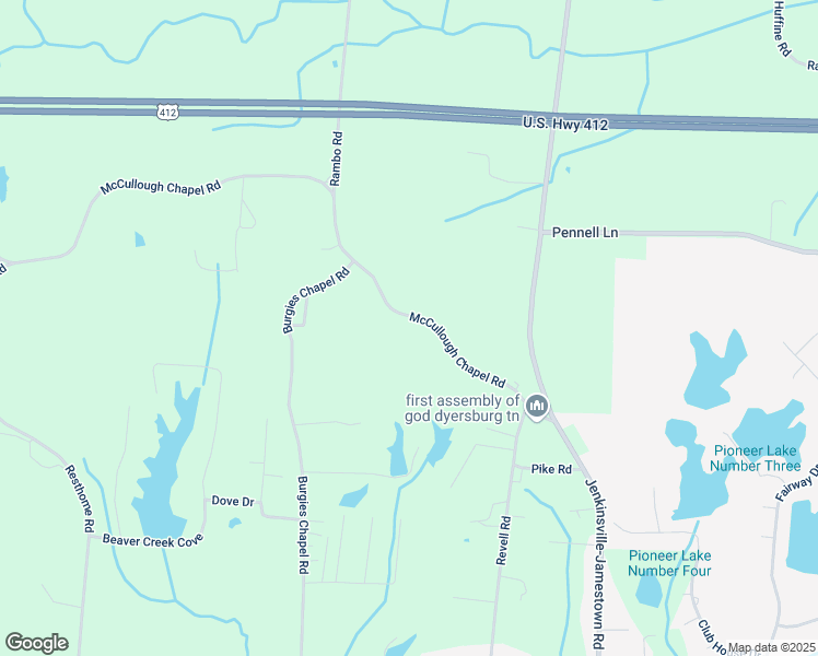 map of restaurants, bars, coffee shops, grocery stores, and more near 401 McCullough Chapel Road in Dyersburg