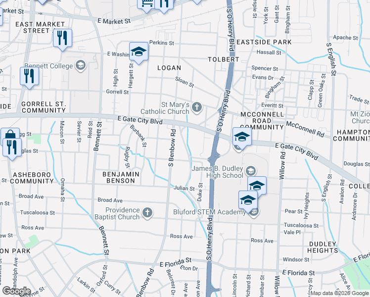 map of restaurants, bars, coffee shops, grocery stores, and more near 1006A East Side Drive in Greensboro