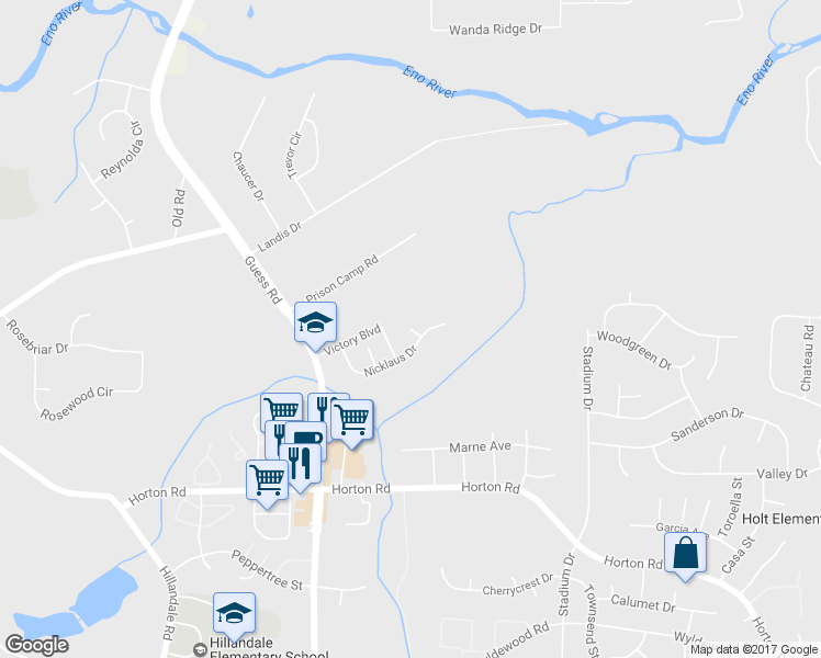 map of restaurants, bars, coffee shops, grocery stores, and more near 9 Bogie Court in Durham