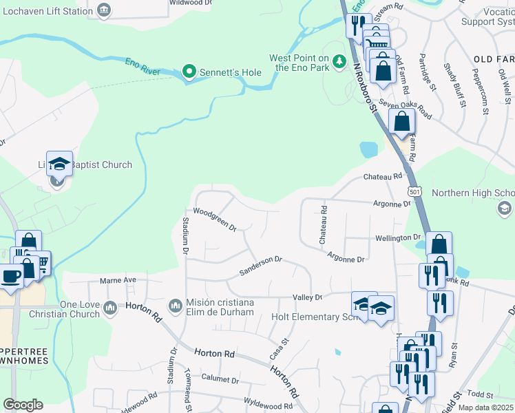 map of restaurants, bars, coffee shops, grocery stores, and more near 808 Woodside Park Lane in Durham