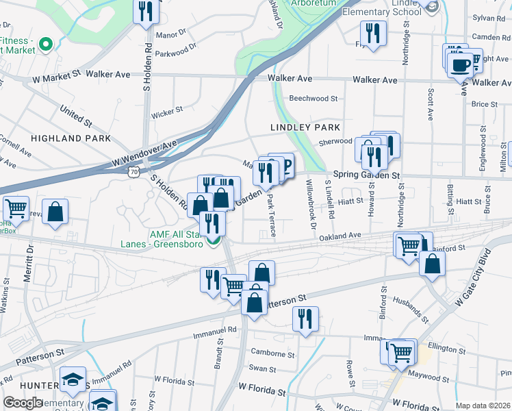 map of restaurants, bars, coffee shops, grocery stores, and more near 2911 Spring Garden Street in Greensboro