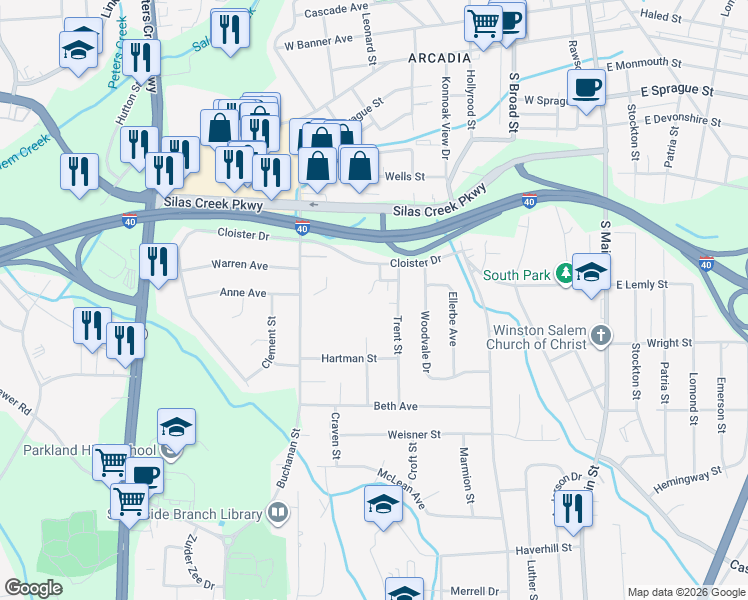 map of restaurants, bars, coffee shops, grocery stores, and more near 129 Cloister Oaks Circle in Winston-Salem
