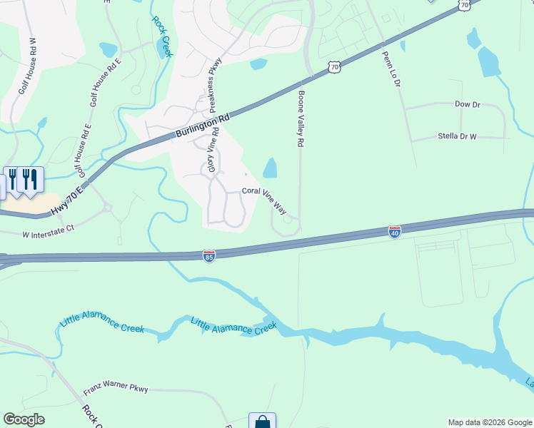 map of restaurants, bars, coffee shops, grocery stores, and more near 1262 Glory Vine Road in Whitsett