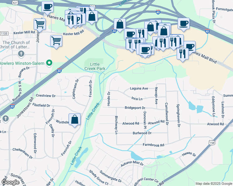 map of restaurants, bars, coffee shops, grocery stores, and more near 2860 Inca Lane in Winston-Salem