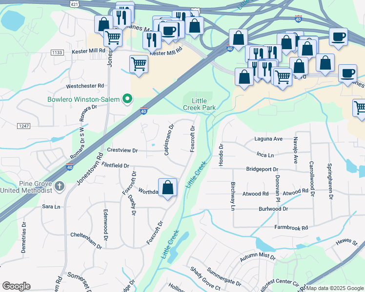 map of restaurants, bars, coffee shops, grocery stores, and more near 107 Lorelei Court in Winston-Salem