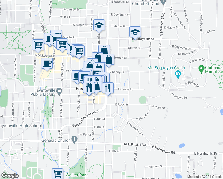 map of restaurants, bars, coffee shops, grocery stores, and more near County Avenue in Fayetteville