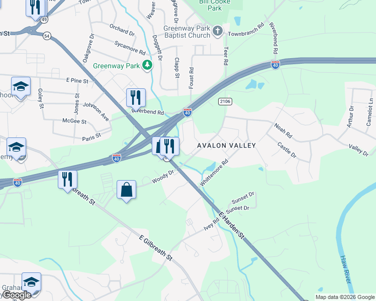 map of restaurants, bars, coffee shops, grocery stores, and more near 1020 Watercourse Circle in Graham