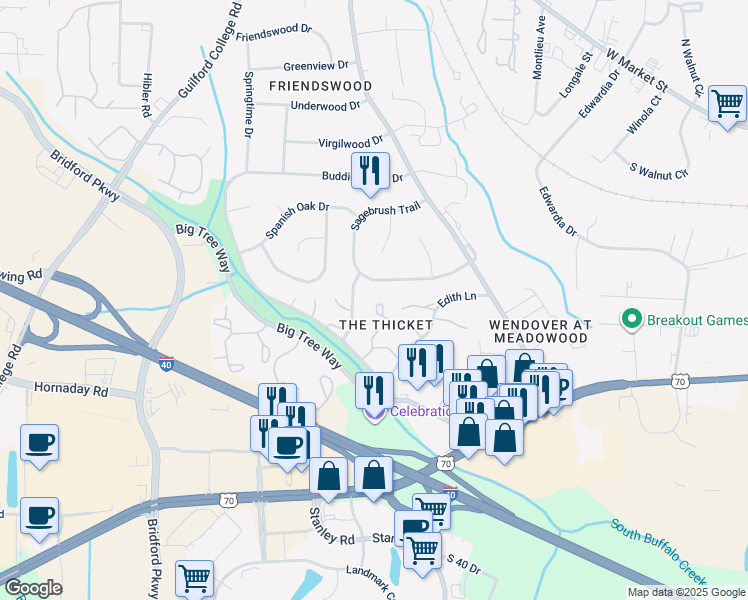 map of restaurants, bars, coffee shops, grocery stores, and more near 4328 Edith Lane in Greensboro
