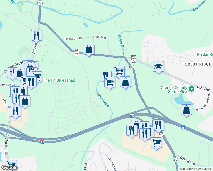 map of restaurants, bars, coffee shops, grocery stores, and more near 500 Valley Forge Road in Hillsborough