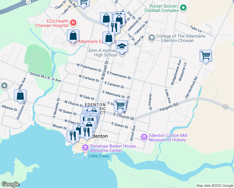 map of restaurants, bars, coffee shops, grocery stores, and more near 136 East Carteret Street in Edenton