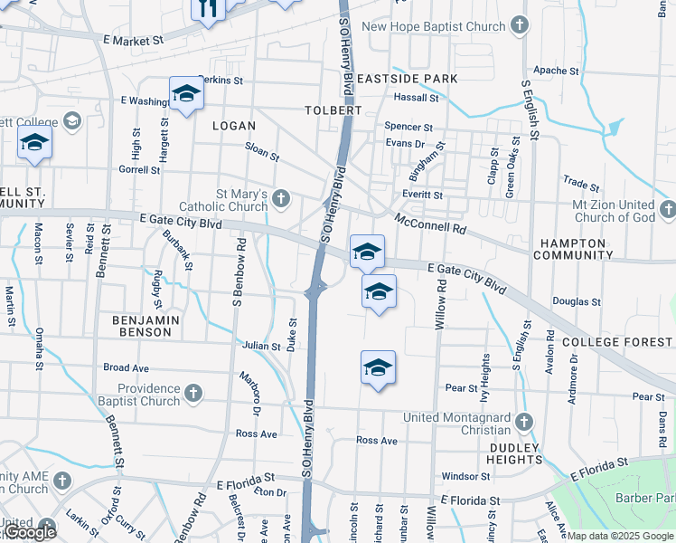map of restaurants, bars, coffee shops, grocery stores, and more near 1802 East Gate City Boulevard in Greensboro
