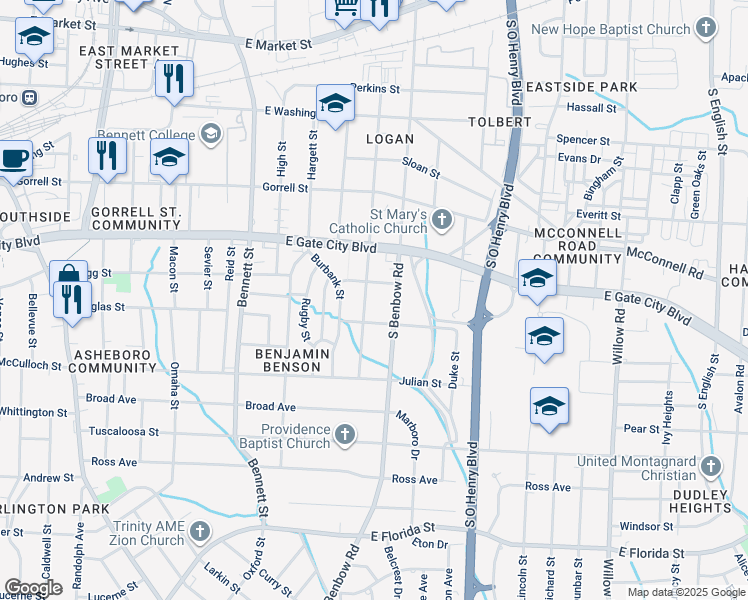 map of restaurants, bars, coffee shops, grocery stores, and more near 1002 South Benbow Road in Greensboro