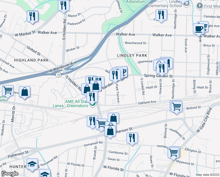 map of restaurants, bars, coffee shops, grocery stores, and more near in Greensboro